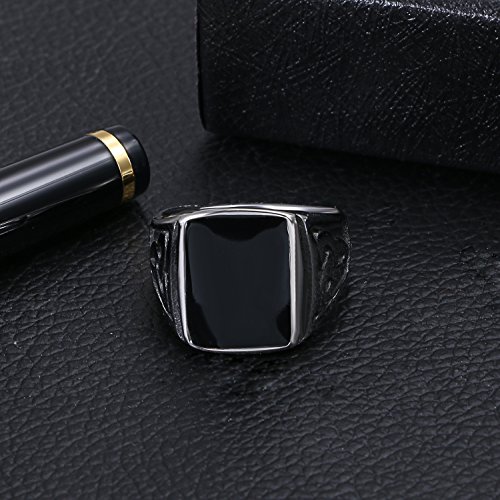 Flongo Anillo de Compromiso de Hombre, Anillo de Sello Grande con Piedra Negra, Anillo de Celta Acero Inoxidable de diseño Retro Vintage, Plateado Negro Talla 24