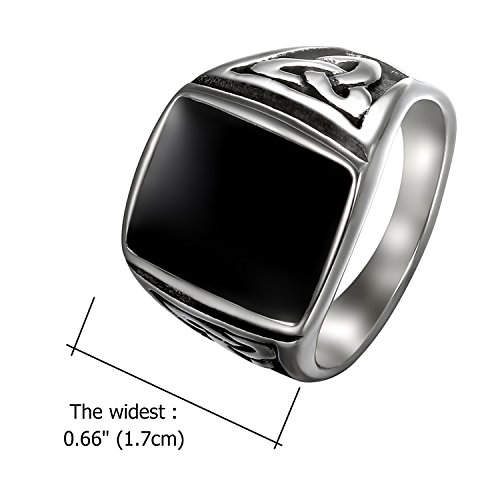 Flongo Anillo de Compromiso de Hombre, Anillo de Sello Grande con Piedra Negra, Anillo de Celta Acero Inoxidable de diseño Retro Vintage, Plateado Negro Talla 24