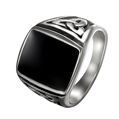 Flongo Anillo de Compromiso de Hombre, Anillo de Sello Grande con Piedra Negra, Anillo de Celta Acero Inoxidable de diseño Retro Vintage, Plateado Negro Talla 24