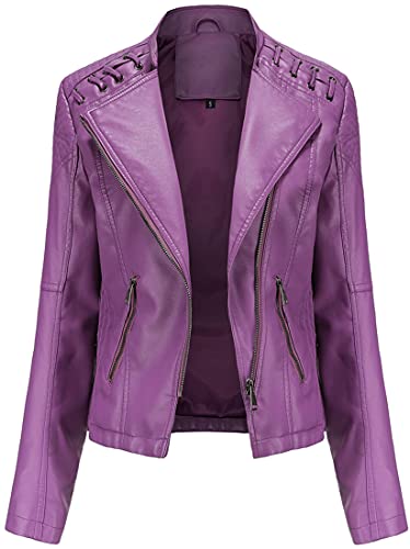 FLYCHEN Mujer Chaqueta Cuero Sintético Biker Chaqueta Saco Blazer Leather Jacket Chaqueta para Mujer Chaqueta con cremallera, Violeta, M