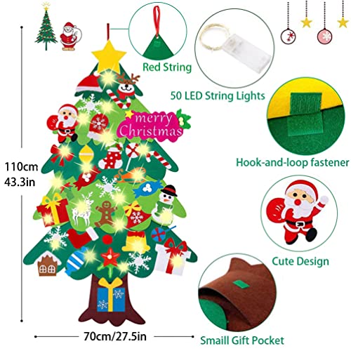 Foho 3D Árbol de Navidad de Fieltro, 34 Ornamentos Desmontables El árbol de Navidad de 3.7ft para Regalos navideños, Decoración de Navidad para Paredes y Puertas del hogar (con Cadena de Luces LED)