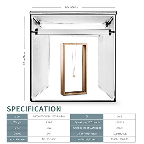 FOSITAN Caja de Fotografía 60 * 60cm/24" Caja de Luz Estudio fotográfico portátil, 126 LED Luz de Día 5500k Foto Estudio con 2 Tiras de LED, 4 Fondos (Blanco/Negro/Naranja/Rojo), Bolsa de Transporte