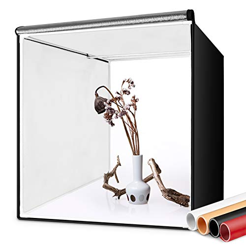 FOSITAN Caja de Fotografía 60 * 60cm/24" Caja de Luz Estudio fotográfico portátil, 126 LED Luz de Día 5500k Foto Estudio con 2 Tiras de LED, 4 Fondos (Blanco/Negro/Naranja/Rojo), Bolsa de Transporte