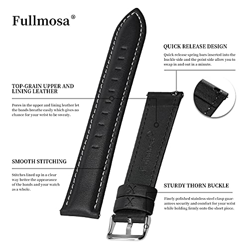 Fullmosa Axus Correa Piel, para Correa Reloj, Huawei Samsung Correa/Banda/Pulsera/Strap 14mm 16mm 18mm 19mm 20mm 22mm 24mm, Negro + Hebilla de Plata, 22mm