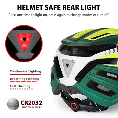 FUNWICT Casco Bicicleta Hombre Casco MTB con Gafas Magnéticas Extraíbles y Forro Interior Casco Bicicleta con Luz Trasera LED para Ciclismo 57-61 CM (Verde Amarillo)