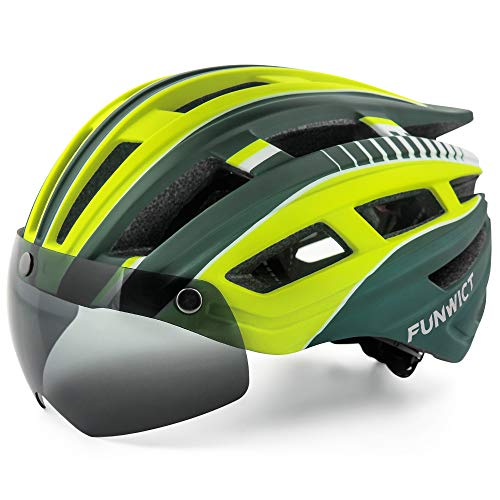 FUNWICT Casco Bicicleta Hombre Casco MTB con Gafas Magnéticas Extraíbles y Forro Interior Casco Bicicleta con Luz Trasera LED para Ciclismo 57-61 CM (Verde Amarillo)