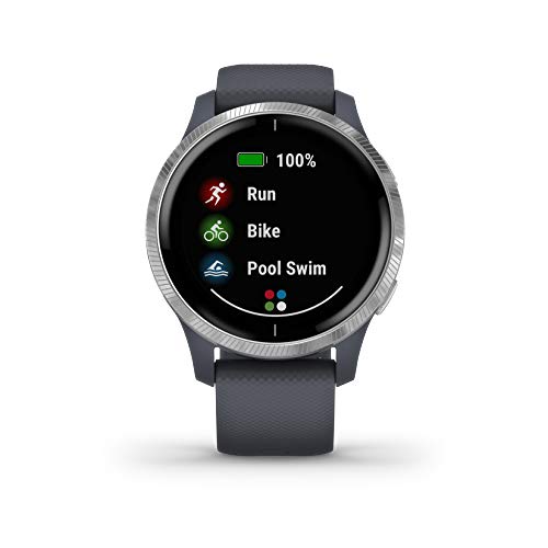 Garmin Venu - Reloj inteligente GPS con una elegante pantalla brillante para un estilo de vida activo, color azul granito