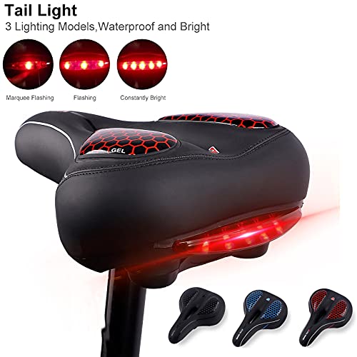 GCBTECH Sillín de Bicicleta Gel cómodo con LED luz Trasera, Asiento de Bici Antiprostático Impermeable y Transpirable para Hombre y Mujer para Carretera, MTB, Montaña, Urbana, Ciudad. Rojo