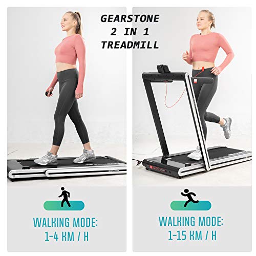 GEARSTONE Cinta de Correr Plegable 2 en 1, 2HP Potente Motor, 1-15 km/h con 2 Modos Deportivos Preestablecidos, Táctil/Control Remoto, Cinta de Correr con Bluetooth, Talla única