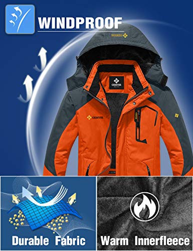 GEMYSE Chaqueta de Esquí Impermeable de Montaña para Hombre Abrigo de Invierno de Lana Antiviento con Capucha (Naranja Gris,M)