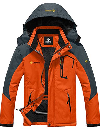 GEMYSE Chaqueta de Esquí Impermeable de Montaña para Hombre Abrigo de Invierno de Lana Antiviento con Capucha (Naranja Gris,M)