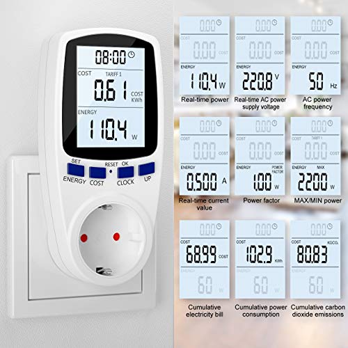 Gifort Medidor de consumo de corriente del medidor de energía para Monitor Contador de Electricidad con protección de sobrecarga de pantalla digital LCD Retroiluminada (Double rate)