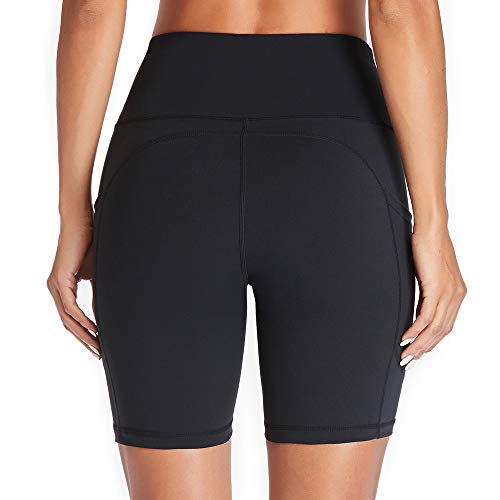 GIMDUMASA Pantalones Cortos Deporte Mujer Cintura Alta Shorts Leggins Pantalones Cortos de Yoga para Correr Gym Fitness Mallas Deportivos con Bolsillos Laterales GI371(Negro,l)