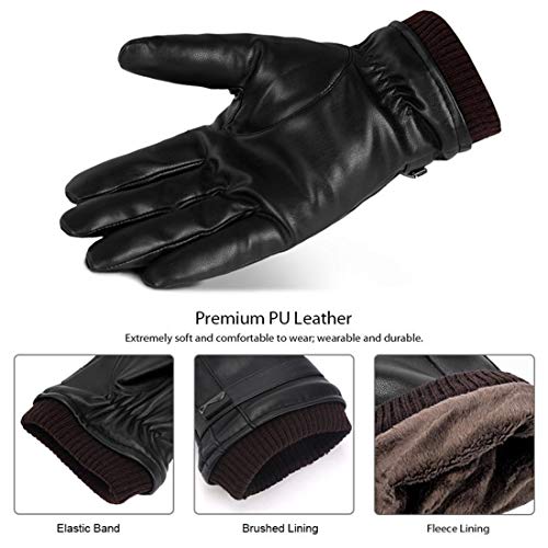 Global Park Guantes de Invierno Hombres Cuero de PU Pantalla Táctil Térmica Guantes Antideslizantes a Prueba de Frío Para Actividades al Aire Libre Conducción Motor Ciclismo Correr Camping (L)