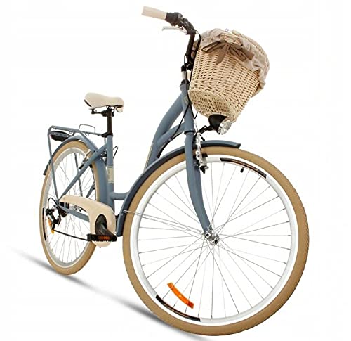 Goetze Mood - Bicicleta de ciudad retro vintage holandesa para mujer, ruedas de aluminio de 28 pulgadas, cambio Shimano Tourney de 7 velocidades, subida profunda, cesta con acolchado