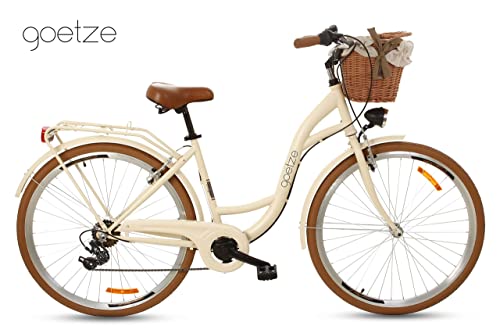 Goetze Mood - Bicicleta de ciudad retro vintage holandesa para mujer, ruedas de aluminio de 28 pulgadas, cambio Shimano Tourney de 7 velocidades, subida profunda, cesta con acolchado