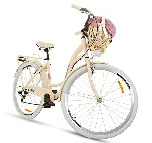 Goetze Mood - Bicicleta de ciudad retro vintage holandesa para mujer, ruedas de aluminio de 28 pulgadas, cambio Shimano Tourney de 7 velocidades, subida profunda, cesta con acolchado