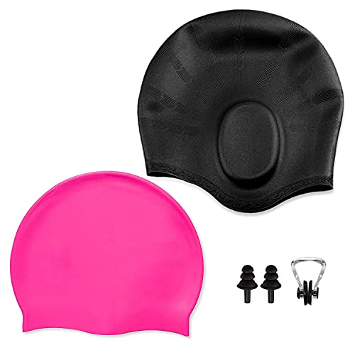 Gorro de natación Gorro de natación de silicona unisex, resistente al agua y protección para el cabello, 2 juegos, 2 estilos, tapones para los oídos y pinzas nasales gratis