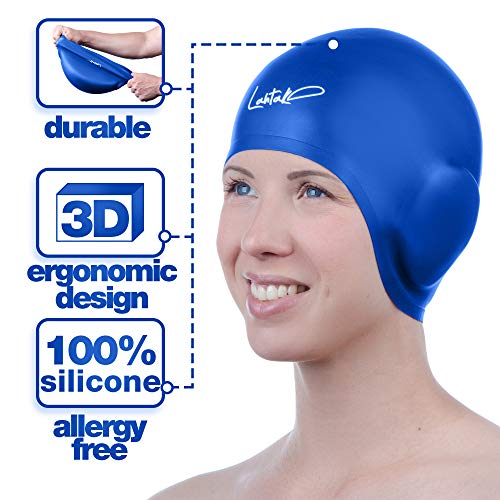 Gorro Piscina Protecion de Oido 3D - Gorro de Natación - Gorro Natación Mujer Hombre - Gorro de Baño Niños y Adultos - 100% de Silicona Impermeable (Azul)