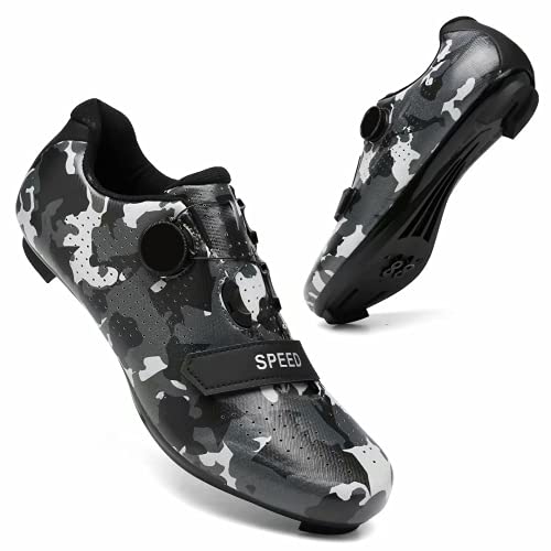 Great Flyor Zapatillas Peloton para hombre y mujer, zapatillas de ciclismo SPD para actividades al aire libre y en interiores, compatibles con tacos Delta Look, Color gris camuflaje., 41 EU