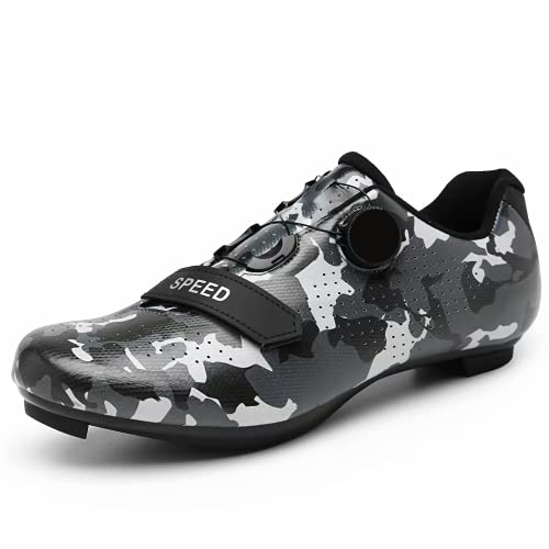 Great Flyor Zapatillas Peloton para hombre y mujer, zapatillas de ciclismo SPD para actividades al aire libre y en interiores, compatibles con tacos Delta Look, Color gris camuflaje., 41 EU