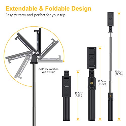 Gritin Palo Selfie Trípode, 3 en 1 Selfie Stick Móvil Bluetooth con Inalámbrico Control Remoto, Monópode Extensible para Phone 11 Pro Max / 11 Pro / XS Max / XR / 8, Galaxy S10 / S9 , Huawei, Xiaomi