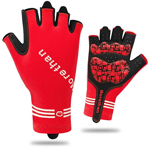 Guantes Ciclismo, HNOOM Guantes MTB para Hombres Mujeres, Antideslizante Guantes Bicicleta Montaña Gel Medio Dedo, Transpirable Guantes Bicicleta Guantes Bici Verano para Todos Los Deportes (Rojo, XL)