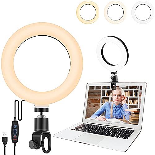 Guijiyi Anillo de Luz,Led Luz Videoconferencia,6'' Luz de Relleno con 3 Color Modos y 10 Niveles de Brillo para Selfie,Clip de Fijación 20 mm,para Youtuber Videoconferencia para Computadora Portátil