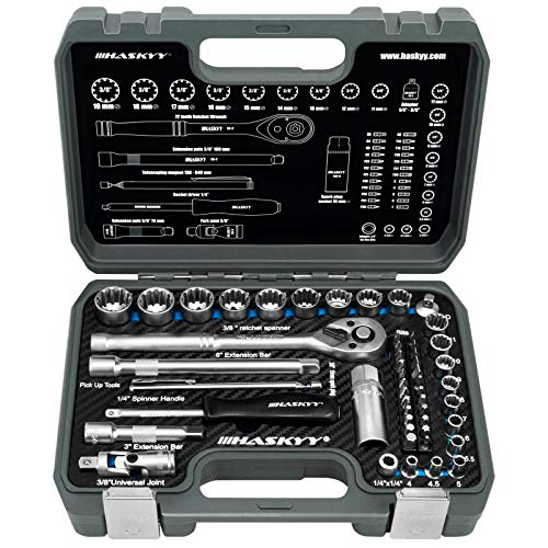 HASKYY Juego de Llaves de Vaso Profesionales I Llave de Carraca Reversible de 1/4" y 3/8" I Trinquete de Torx-XZN-E-Profile Set I Kit de Herramientas Mecánicas para el Auto I 52 piezas