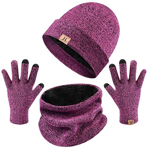 heekpek Bufanda Gorro Guantes para Hombre Invierno Regalos para Hombre Mujer Unisexo Set de Bufanda Conjunto de Guantes de Punto BufaSombrero de Invierno Gorras Con Bufanda (Rosa)