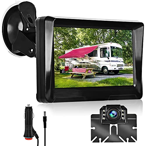 Hikity Camara de Visión Trasera Nocturna Impermeable Cámara de Marcha Atrás para Coche con Monitor Pantalla de 5 Pulgadas para Camiones/Remolques/Coches/Caravanas/Furgonetas