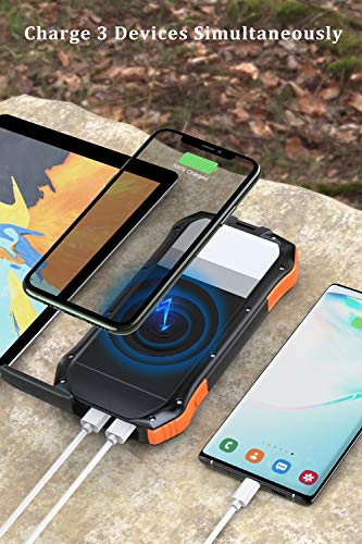 Hiluckey Cargador Solar Inalámbrico 16000mAh Power Bank Carga Rápida Cargador Portátil Batería Externa con 3 Salidas y Linternas para Smartphones Tabletas y Más