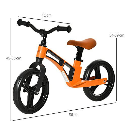 HOMCOM Bicicleta sin Pedales para Niños de 2 a 5 Años Aleación de magnesio Bicicleta de Equilibrio Infantil con Sillín y Manillar Ajustables Ruedas de Goma 86x41x49-56 cm Naranja