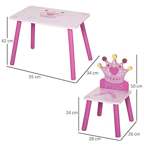 HOMCOM Juego de Mesa y 2 Sillas Infantiles de Madera Set de Mesa de Escritorio 55x34x42 cm y Sillas 28x26x50 cm para Niños + 3 Años para Salas de Juego Dormitorio de Niño Rosa