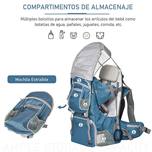 HOMCOM Mochila Portabebés Plegable Ajustable Portador de Bebé Ergonómica Manos Libres 6-36 Meses con Protector de Lluvia y Sol Carga 18 kg Gris y Azul