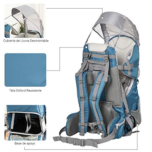 HOMCOM Mochila Portabebés Plegable Ajustable Portador de Bebé Ergonómica Manos Libres 6-36 Meses con Protector de Lluvia y Sol Carga 18 kg Gris y Azul