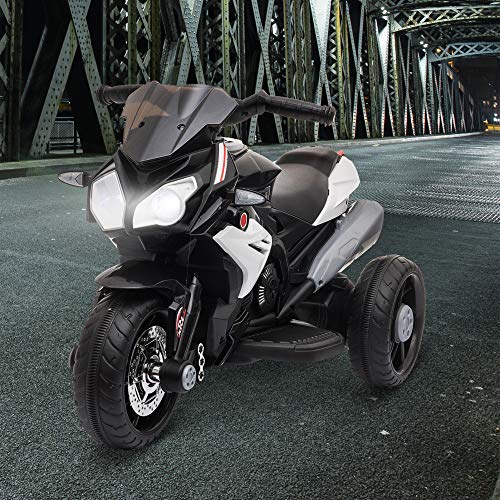 HOMCOM Moto Eléctrica Infantil con 3 Ruedas Trimoto para Niños de +3 Años con Batería 6V Recargable Funciones de Música Bocina Faros 86x42x52 cm Negro y Blanco