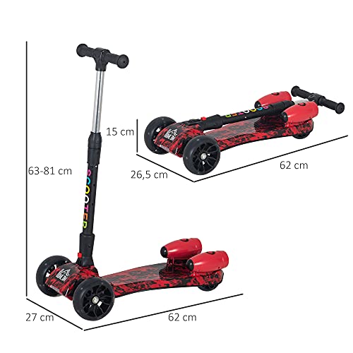 HOMCOM Patinete para Niños Scooter Plegable con Altura Ajustable de 4 Niveles y Música Luces y Nebulizador de Agua +3 Años 62x27x63-81 cm Rojo