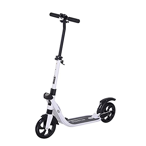 HOMCOM Patinete Plegable para Adultos y Niños +14 años Scooter con Manillar Altura Ajustable Tipo Monopatín con Freno Grandes Ruedas Carga 100kg 93,5x38x95-105cm Blanco