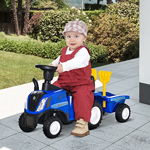 HOMCOM Tractor para Niños de 12-36 Meses con Remolque Extraíble Coche Correpasillos con Bocina Faros Pala y Rastrillo Carga 25 kg 91x29x44 cm Azul