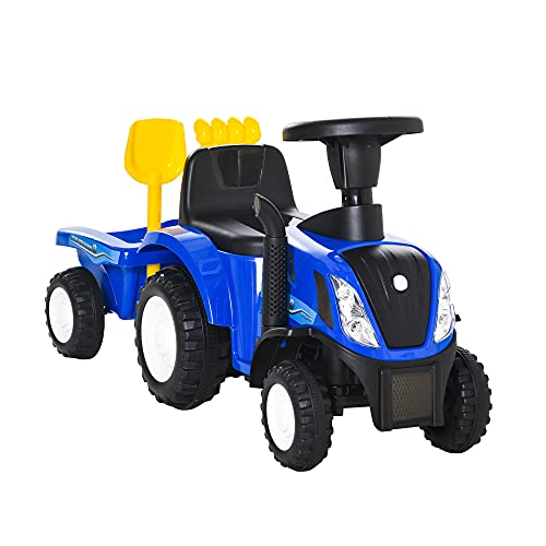 HOMCOM Tractor para Niños de 12-36 Meses con Remolque Extraíble Coche Correpasillos con Bocina Faros Pala y Rastrillo Carga 25 kg 91x29x44 cm Azul