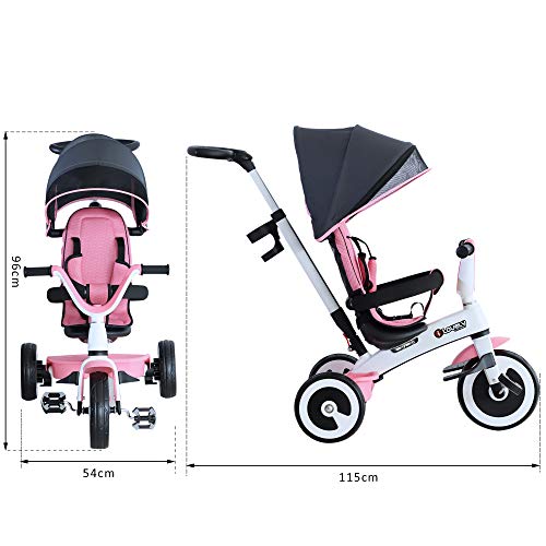 HOMCOM Triciclo Bebé Plegable 4 en 1 Trolley Trike Bicicletas para Niños +18 Mes Evolutivo Capota Barra Desmontable Control Parental Juguete Aprendizaje