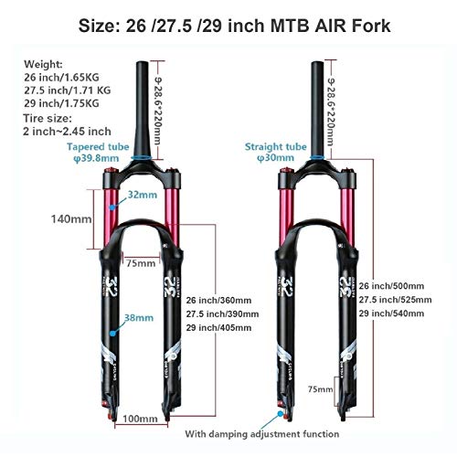 Horquilla MTB 26 27,5 29 Amortiguador Bicicleta Aleación Aluminio 1-1/8" Tubo Recto Suspensión Bicicleta Horquillas Viaje 140mm (Color : Shoulder Lock-A, Size : 27.5 Inch)