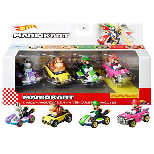 Hot Wheels Mario Kart Primera Aparición Pack con 4 Mini Coches de Juguete con Personaje, Regalo para Niños +3 Años (Mattel GWB37)