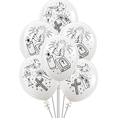 HOWAF Communion Balloon, 30 Pieces Baptism Balloons, Communion Balloons, Latex Balloon Printed with Dove Candle Cross, First Communion Decoration Communion Decoration Girl Boy White Balloon