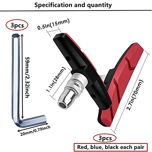 HUAZIZ 3 Pares Pastillas de Freno de Bicicleta V con Tuercas Hexagonales y Espaciador Set de Bloques de Freno de Bicicleta V 70 mm,V Zapatas Freno Juego para Todos los Shimano MTB V-Brake System