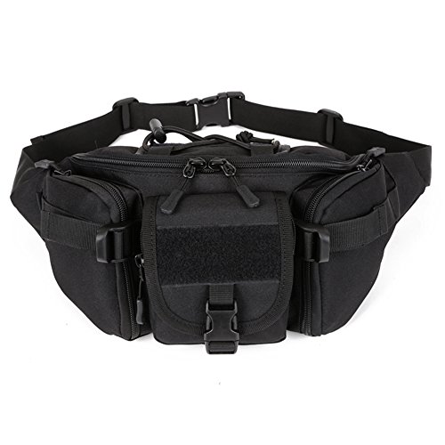 Huntvp Bolsa de Riñonera Mochila de Bandolera 2 Vías de Llevar Estilo Militar Táctical Bolsa de Múltiple Función Impermeable para Aire Libre Correr Senderismo Ciclismo Camping, Negro-L