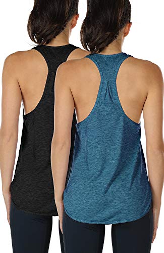 icyzone Camiseta sin Mangas de Fitness para Mujer Racerback Chaleco Deportivo, Pack de 2 (XS, Negro/Mezclilla)