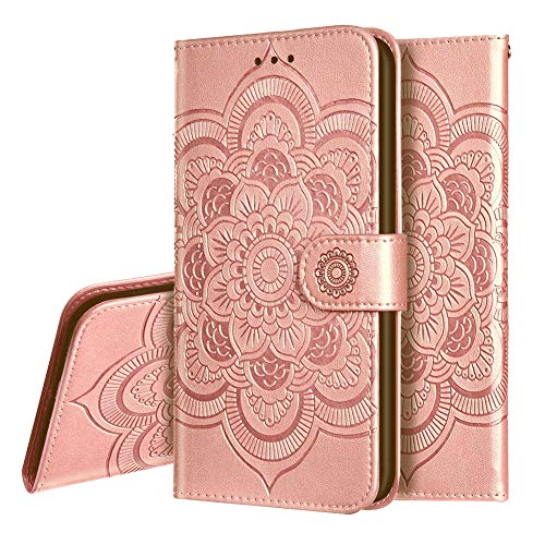 IMEIKONST Funda para OPPO Find X3 Pro, Premium Cuero Estampado Magnetic Billetera Carcasa Vuelta Tapa Ranura Tarjeta Antichoque Protección Cubierta para OPPO Find X3. Mandala Rose Gold LD