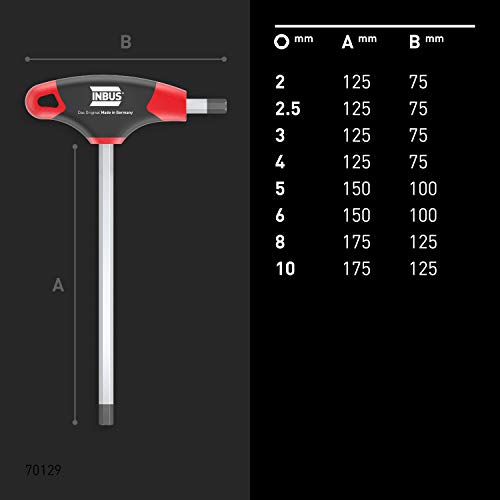 INBUS® 70129 Set de llaves hexagonales con mango en T 8pz, 2–10mm, con HybridTouch — Made in Germany